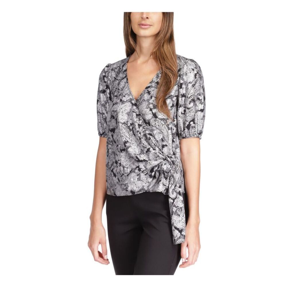 MICHAEL MICHAEL KORS Womens Black Tie Closure Short Sleeve Faux Wrap Top XS